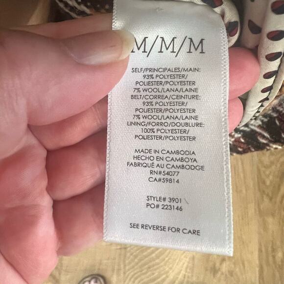 CAbi SZ M Women’s Regency Coat Belted Tweed Noble Plaid Wool Blend Fringe Hem - Picture 10 of 11